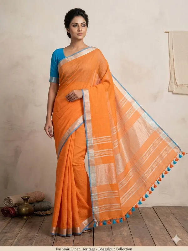 Orange_Linen_Slub_Saree_With_Contrast_Blouse_Piece_For_Women