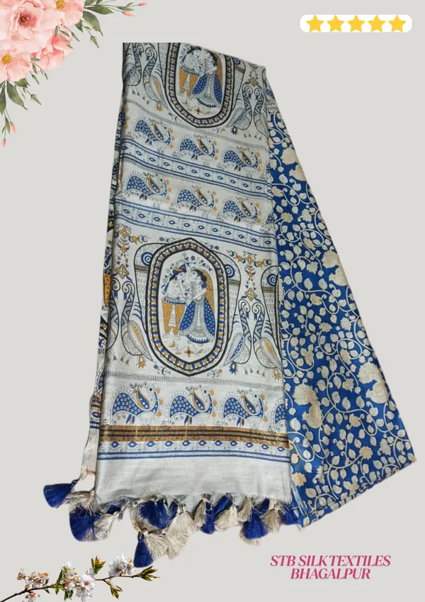 Blue_Madhubani_Print_Semi_Tussar_Soft_Silk_Saree_With_Atteched_Blouse_Piece_For_Women
