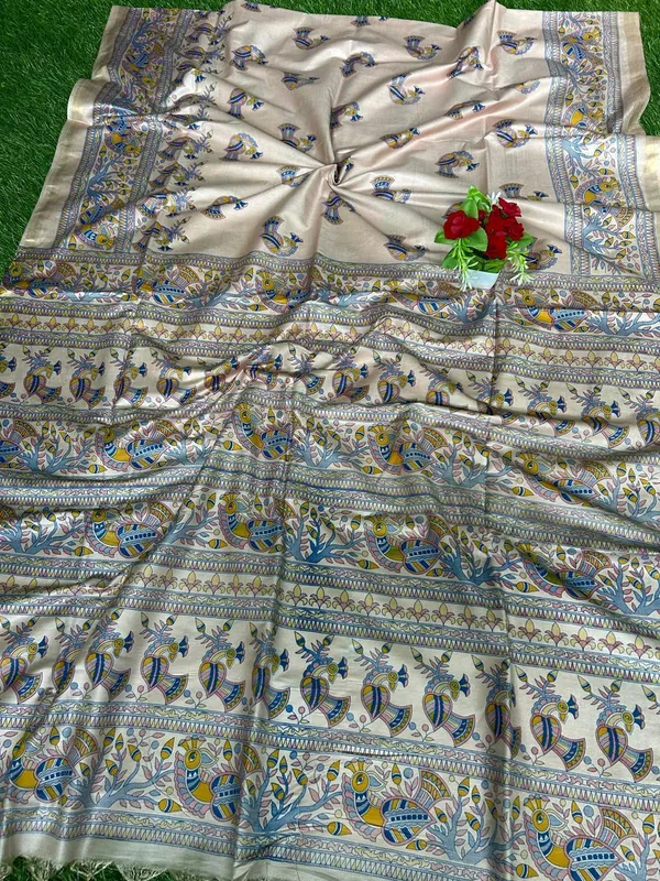 Blue_&_Orange_Madhubani_Print_Semi_Tussar_Soft_Silk_Saree_With_Atteched_Blouse_Piece_For_Women