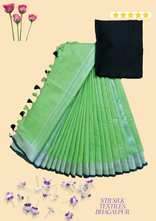 Green_Linen_Slub_Saree_Wih_Contrast_Blouse_Piece_For_Women