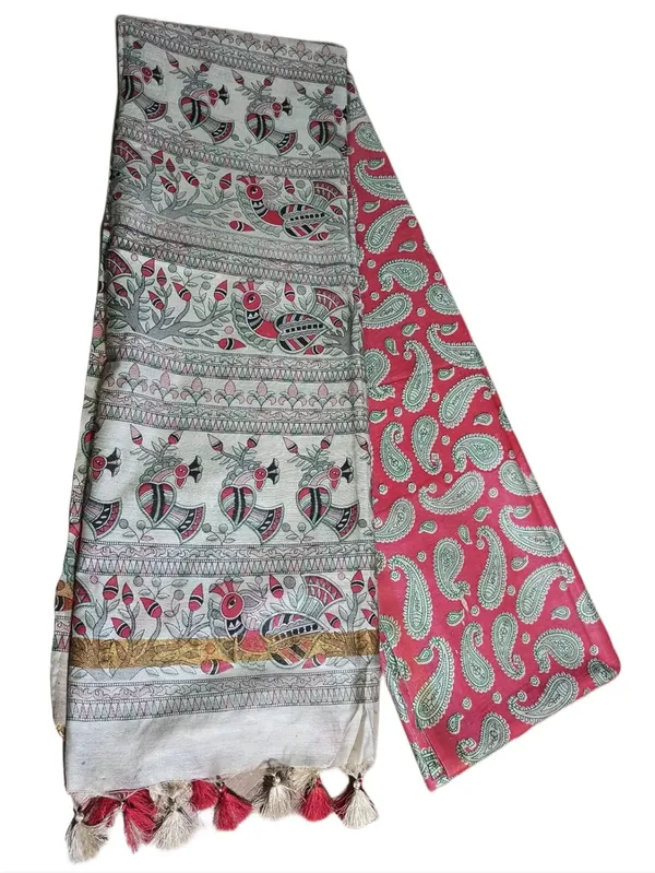 Red_Madhubani_Print_Semi_Tussar_Soft_Silk_Saree_With_Atteched_Blouse_Piece_For_Women