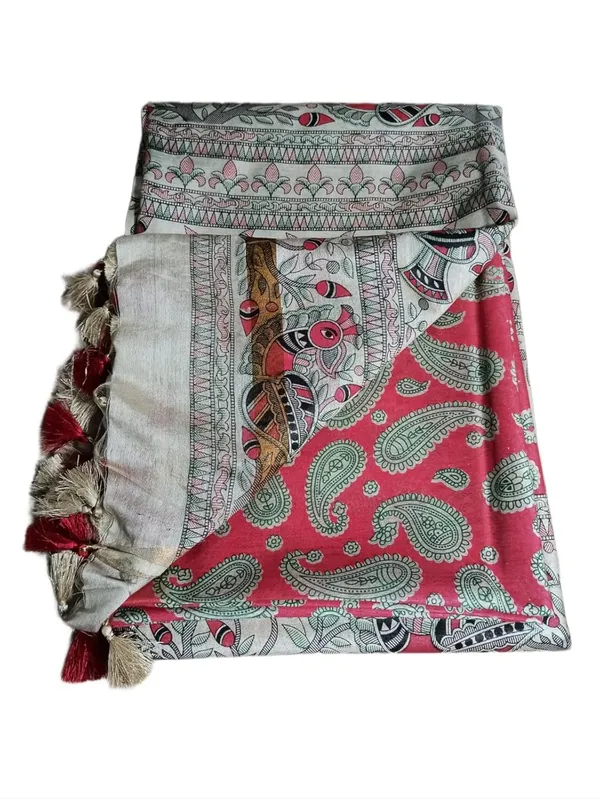 Red_Madhubani_Print_Semi_Tussar_Soft_Silk_Saree_With_Atteched_Blouse_Piece_For_Women