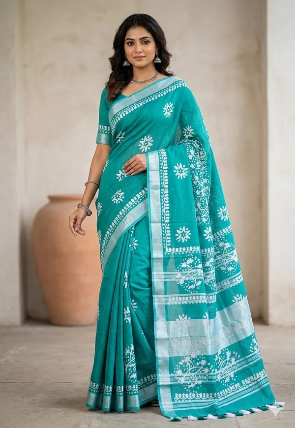 Firozy_Silver_Zari_Border_Cotton_Linen_Saree_With_Hand_Batique_Print_Unstitched_Running_Blouse_Piece_For_Women