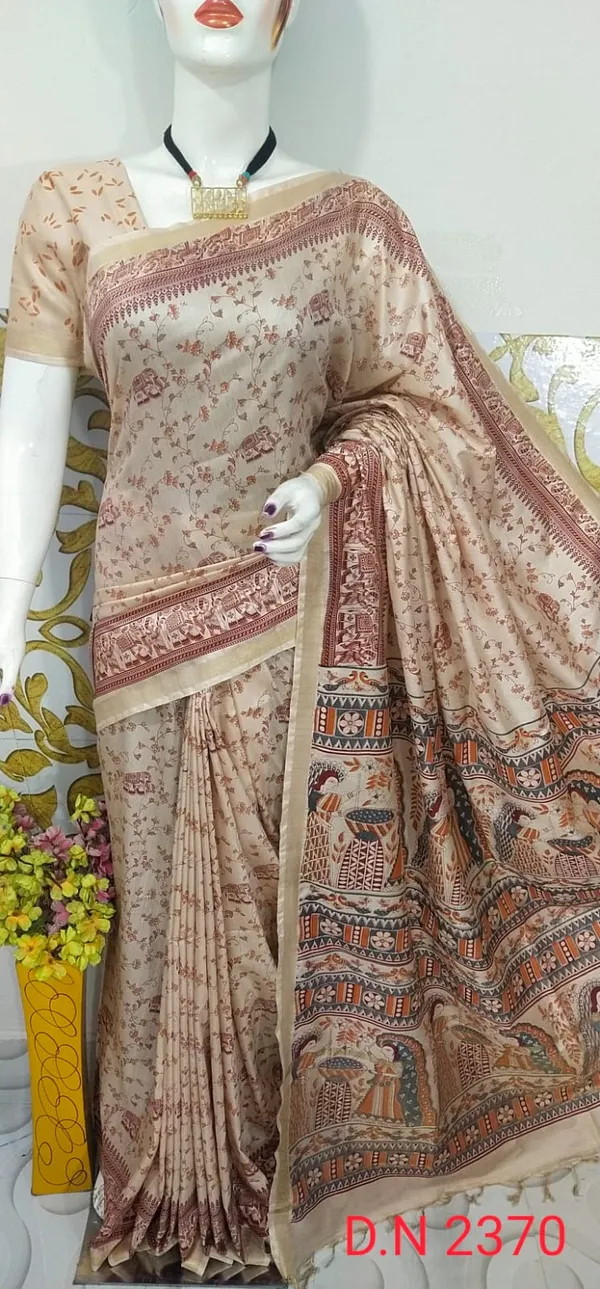Women's_Semi_Tussar_Silk_Madhubani_Print_Saree_With_Running_Blouse_Piece