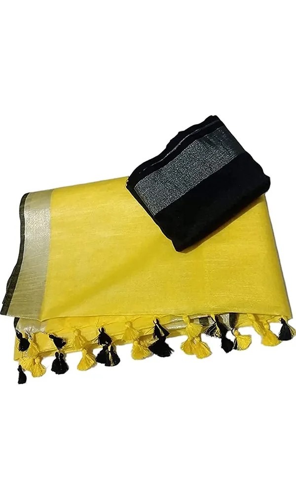 Yellow_Linen_Slub_Saree_Wih_Contrast_Blouse_Piece_For_Women