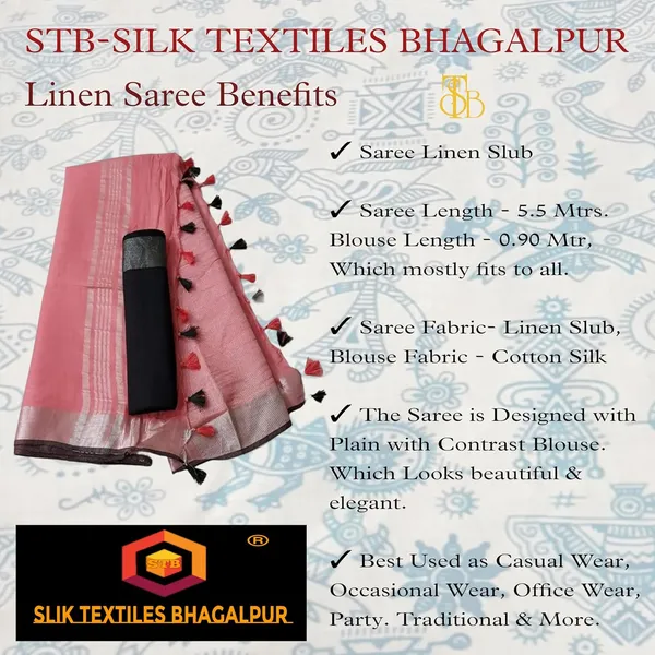 Peach_Linen_Slub_Saree_With_Contrast_Blouse_Piece_For_Women