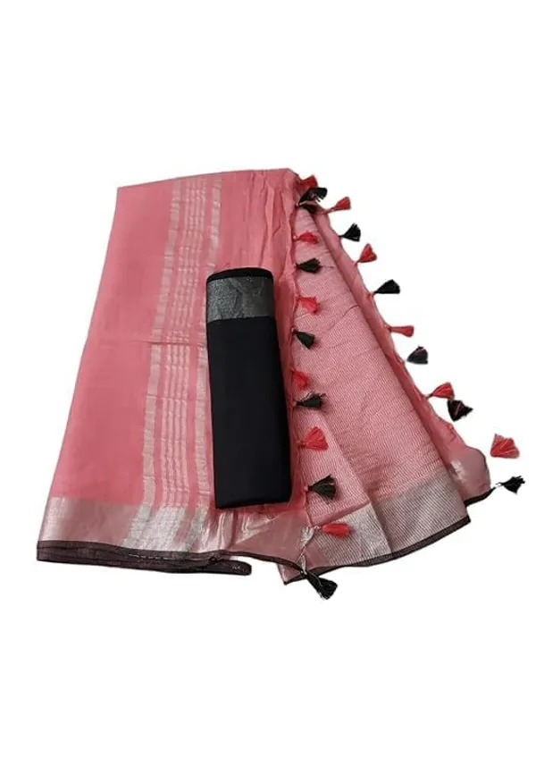 Peach_Linen_Slub_Saree_With_Contrast_Blouse_Piece_For_Women