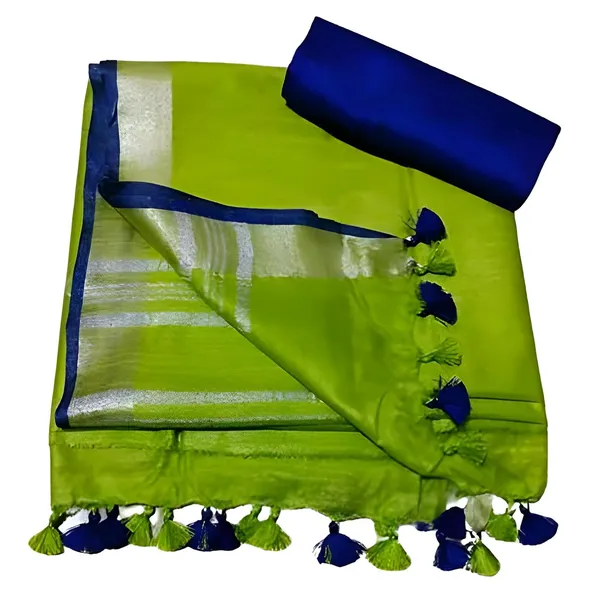 Green_Semi_Linen_Saree_With_Contrast_Blouse_Piece_For_Women