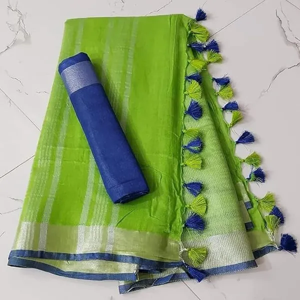 Green_Linen_Slub_Saree_With_Contrast_Blouse_Piece_For_Women