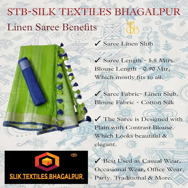 Green_Linen_Slub_Saree_With_Contrast_Blouse_Piece_For_Women