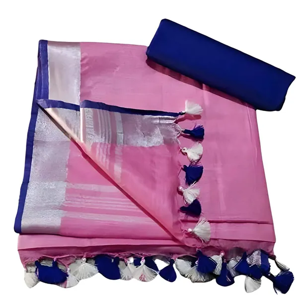 Pink_Linen_Slub_Saree_With_Contrast_Blouse_Piece_For_Women