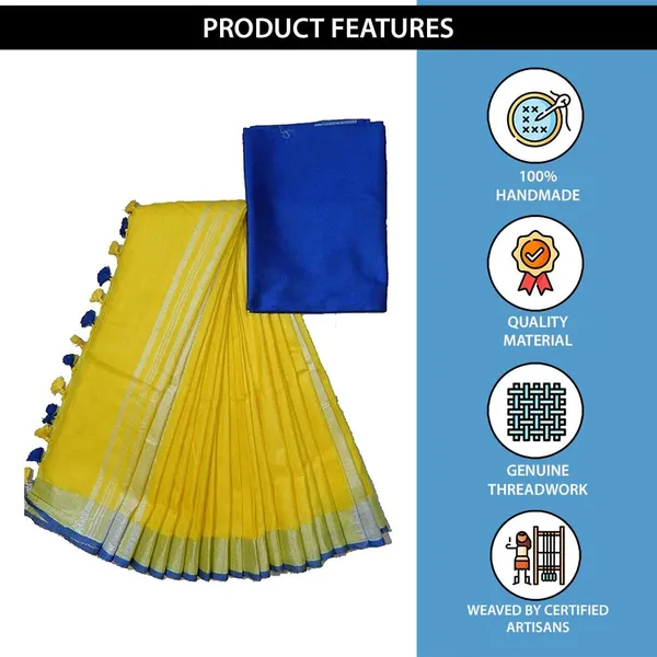 Yellow_Linen_Slub_Saree_Wih_Contrast_Blouse_Piece_For_Women