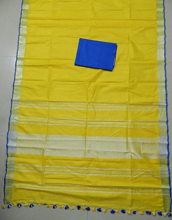 Yellow_Linen_Slub_Saree_Wih_Contrast_Blouse_Piece_For_Women