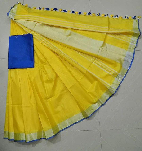 Yellow_Linen_Slub_Saree_Wih_Contrast_Blouse_Piece_For_Women