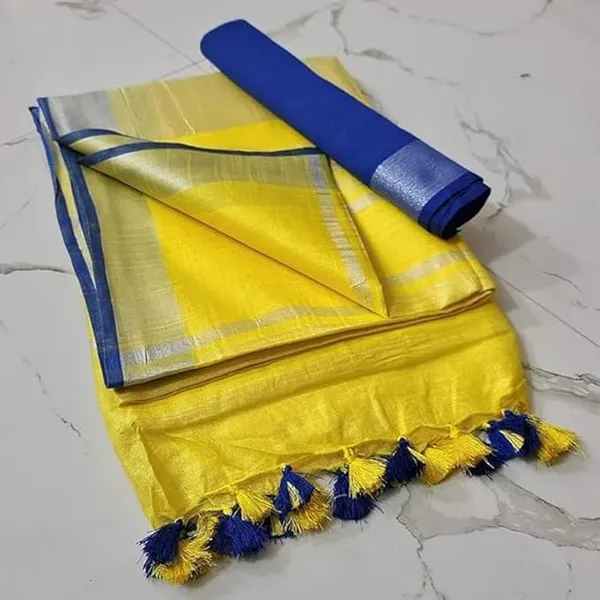 Yellow_Linen_Slub_Saree_With_Contrast_Blouse_Piece_For_Women