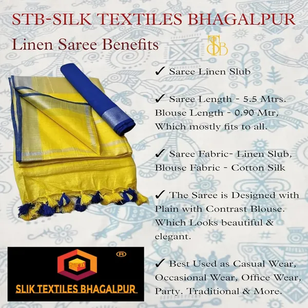 Yellow_Linen_Slub_Saree_With_Contrast_Blouse_Piece_For_Women
