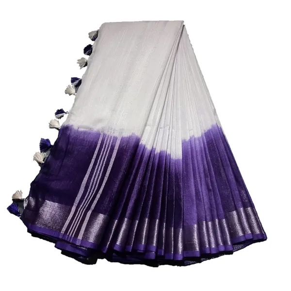 Blue_White_Linen_Slub_Saree_With_Runnig_Blouse_Piece_For_Women