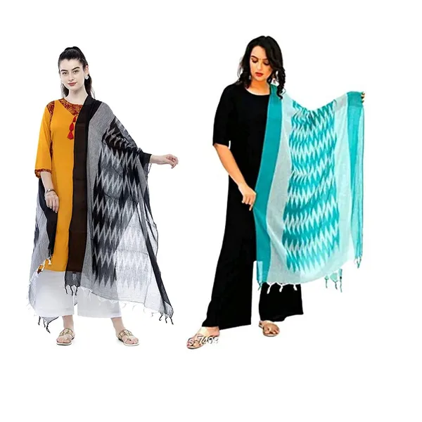 Balck_&_Firozy_Ikkat_Design_Pure_Cotton_Dupatta_Regular_Wear__Combo_Pack_For_Women