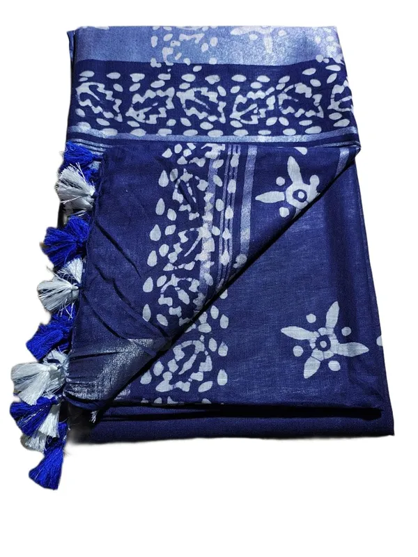 Blue_Silver_Zari_Border_Cotton_Linen_Saree_With_Hand_Batique_Print_Unstitched_Running_Blouse_Piece_For_Women