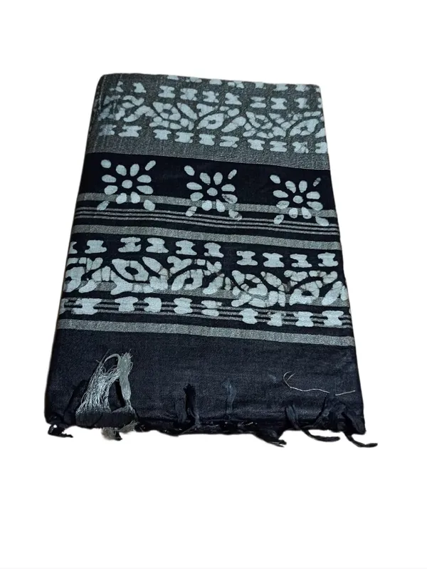 Black_Batik_Print_Linen_Slub_Saree_With_Runnig_Blouse_Piece_For_Women