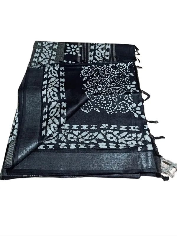 Black_Batik_Print_Linen_Slub_Saree_With_Runnig_Blouse_Piece_For_Women