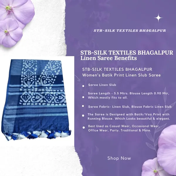 Blue_Batik_Print_Linen_Slub_Saree_With_Runnig_Blouse_Piece_For_Women
