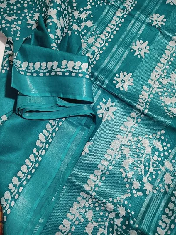 Firozy_Silver_Zari_Border_Cotton_Linen_Saree_With_Hand_Batique_Print_Unstitched_Running_Blouse_Piece_For_Women