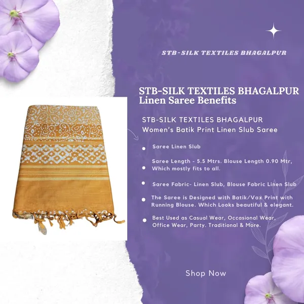 Batik_Golden_Batik_Print_Linen_Slub_Saree_With_Runnig_Blouse_Piece_For_Women