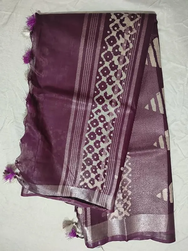 Megenta_Silver_Zari_Border_Cotton_Linen_Saree_With_Hand_Batique_Print_Unstitched_Running_Blouse_Piece_For_Women
