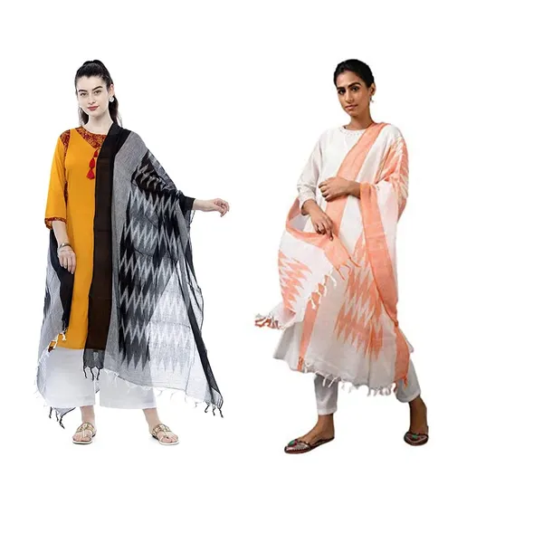 Black_&_Orange_Ikkat_Design_Pure_Cotton_Dupatta_Regular_Wear__Combo_Pack_For_Women