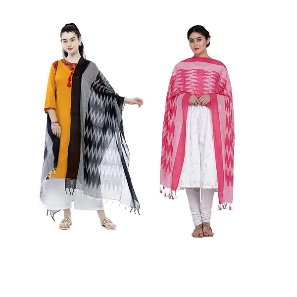 Black_&_Rani_Pink_Ikkat_Design_Pure_Cotton_Dupatta_Regular_Wear__Combo_Pack_For_Women