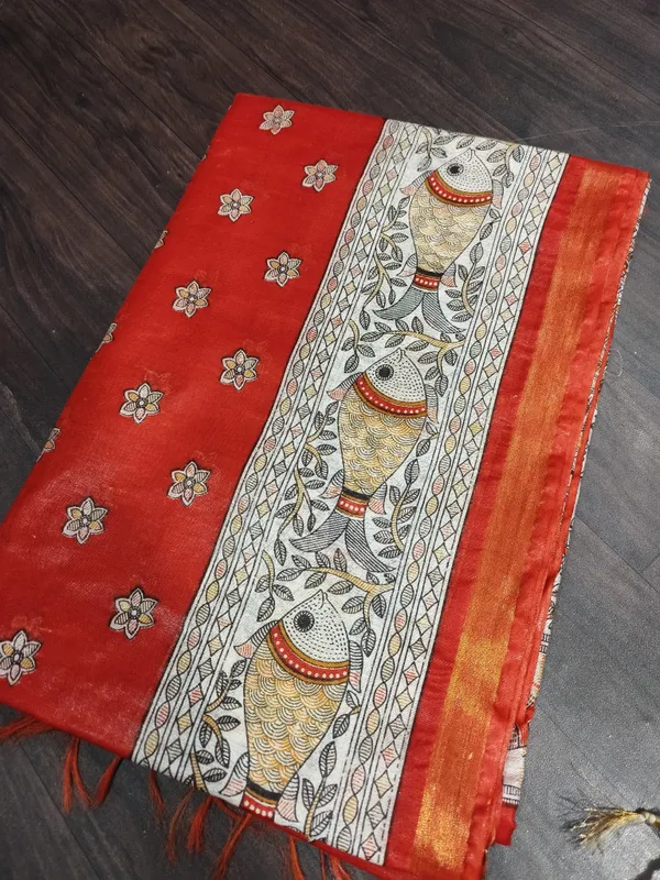 Women's_Semi_Tussar_Silk_Madhubani_Print_Saree_With_Running_Blouse_Piece