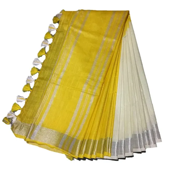 Cream_Yellow_Linen_Slub_Saree_With_Runnig_Blouse_Piece_For_Women