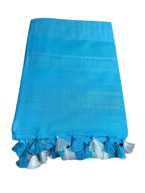 Firozy_Linen_Slub_Saree_With_Plain_Zari_Border_Running_Blouse_Piece_For_Women