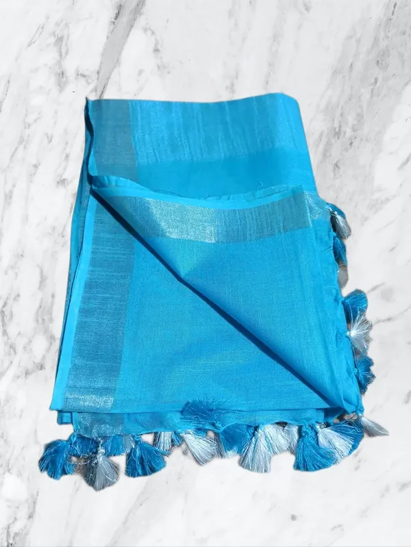 Firozy_Linen_Slub_Saree_With_Plain_Zari_Border_Running_Blouse_Piece_For_Women