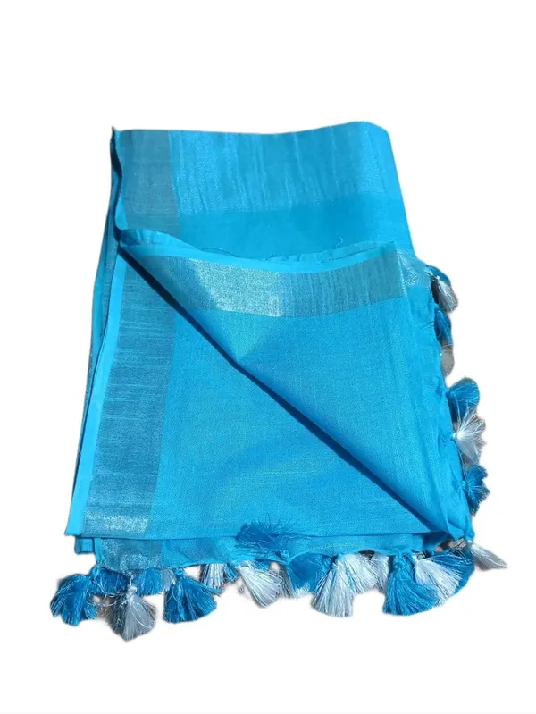 Firozy_Linen_Slub_Saree_With_Plain_Zari_Border_Running_Blouse_Piece_For_Women