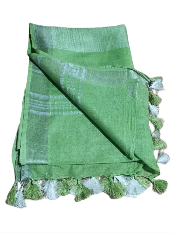 Green_Linen_Slub_Saree_With_Plain_Zari_Border_Running_Blouse_Piece_For_Women
