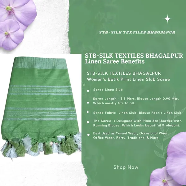 Green_Linen_Slub_Saree_With_Plain_Zari_Border_Running_Blouse_Piece_For_Women