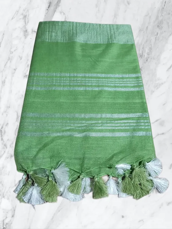 Green_Linen_Slub_Saree_With_Plain_Zari_Border_Running_Blouse_Piece_For_Women