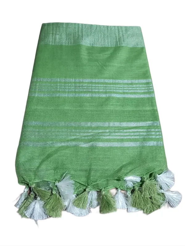 Green_Linen_Slub_Saree_With_Plain_Zari_Border_Running_Blouse_Piece_For_Women