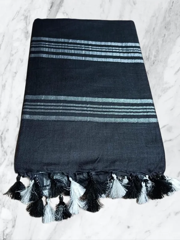 Black_Linen_Slub_Saree_With_Plain_Zari_Border_Running_Blouse_Piece_For_Women