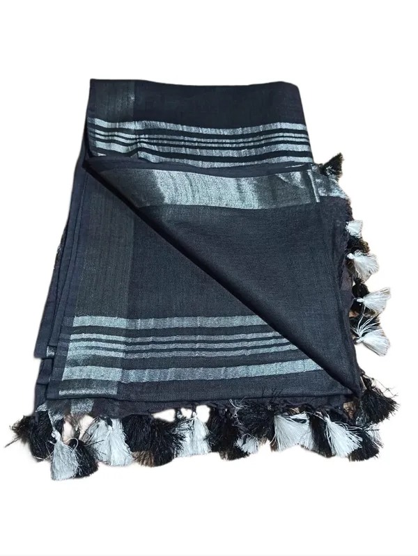 Black_Linen_Slub_Saree_With_Plain_Zari_Border_Running_Blouse_Piece_For_Women