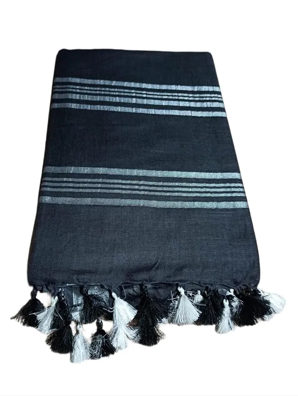 Black_Linen_Slub_Saree_With_Plain_Zari_Border_Running_Blouse_Piece_For_Women