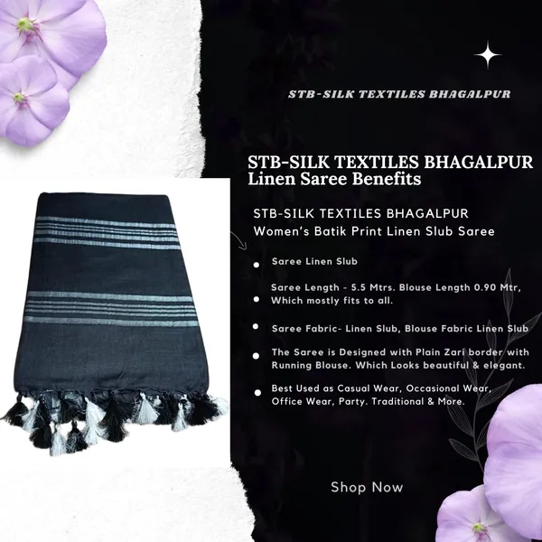 Black_Linen_Slub_Saree_With_Plain_Zari_Border_Running_Blouse_Piece_For_Women