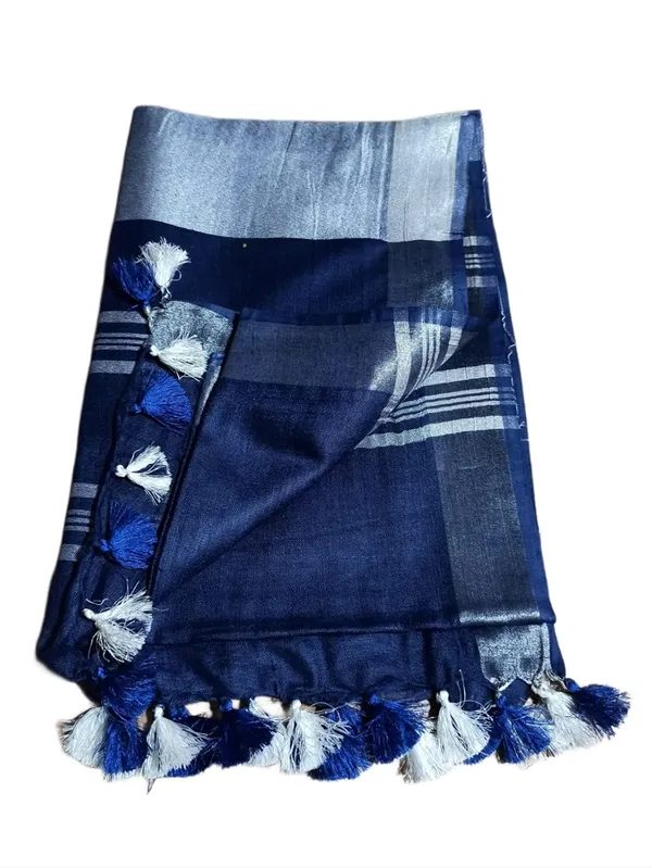 Blue_Linen_Slub_Saree_With_Plain_Zari_Border_Running_Blouse_Piece_For_Women