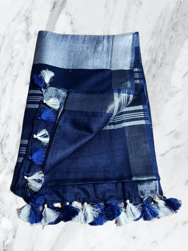 Blue_Linen_Slub_Saree_With_Plain_Zari_Border_Running_Blouse_Piece_For_Women