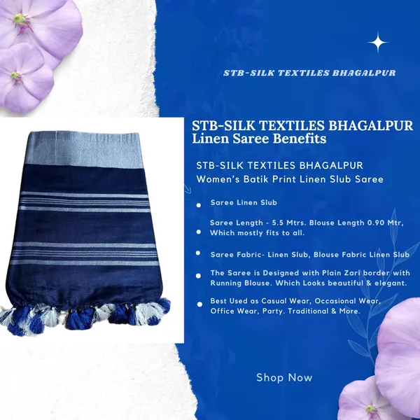 Blue_Linen_Slub_Saree_With_Plain_Zari_Border_Running_Blouse_Piece_For_Women