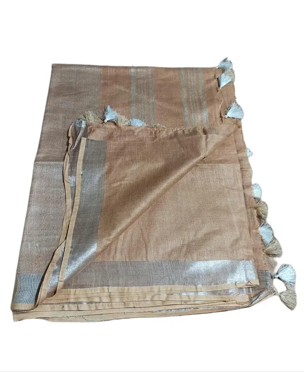 Brown_Linen_Slub_Saree_With_Plain_Zari_Border_Running_Blouse_Piece_For_Women