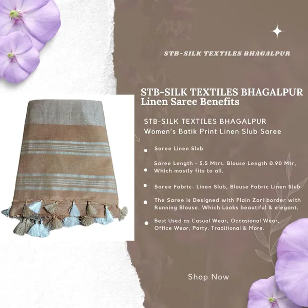Brown_Linen_Slub_Saree_With_Plain_Zari_Border_Running_Blouse_Piece_For_Women