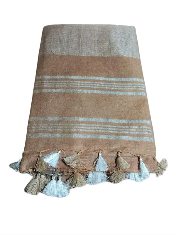 Brown_Linen_Slub_Saree_With_Plain_Zari_Border_Running_Blouse_Piece_For_Women